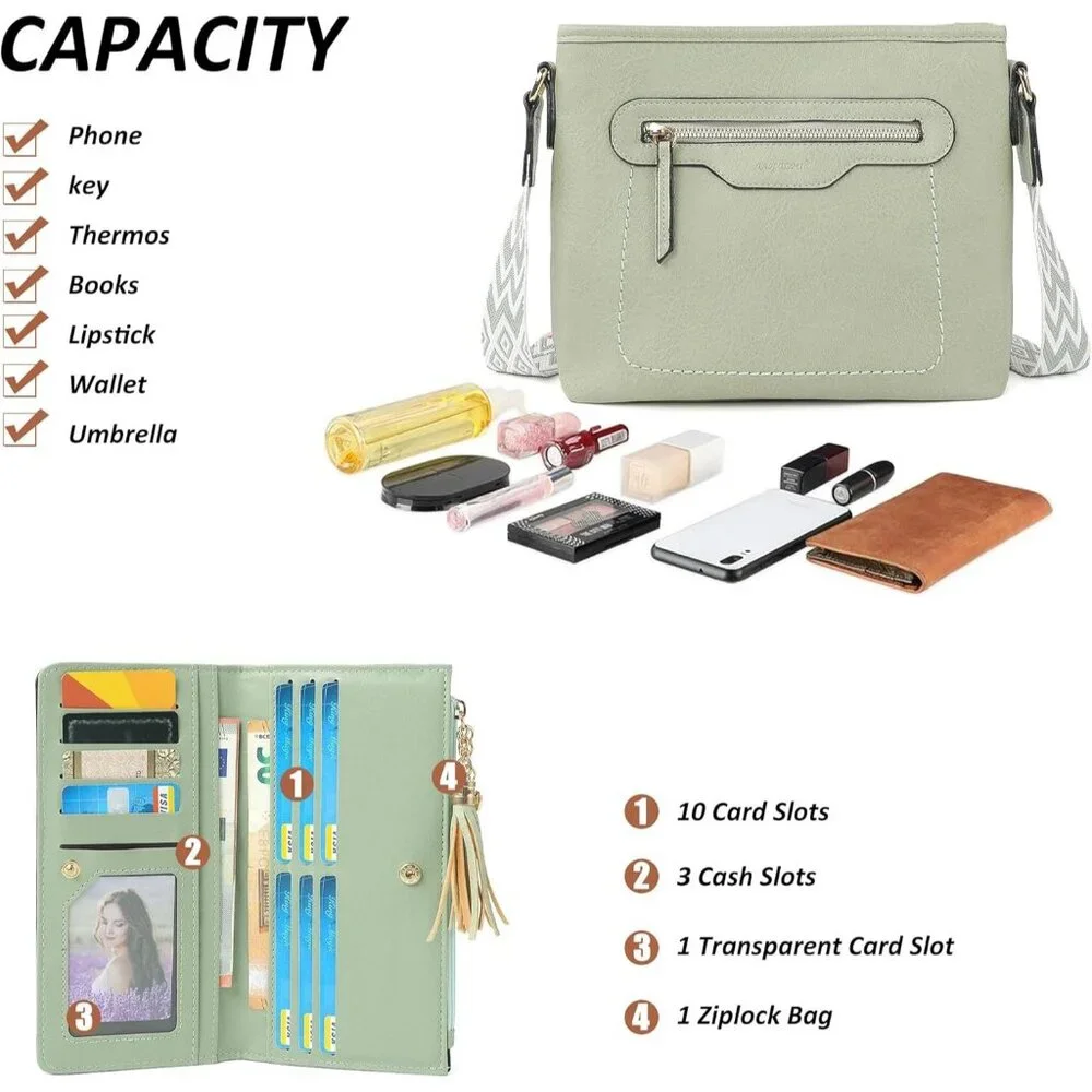 Women’s Light Green 3PCS PU Leather Purses Set  Crossbody Wallet & Hobo Tote Bag - Picture 6 of 8